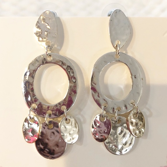 Silver tone Geometric Hammered Dangle Earrings - Picture 1 of 3